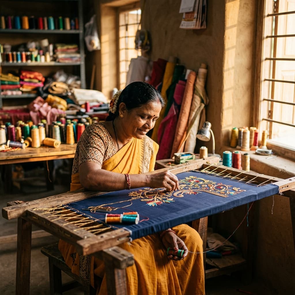 Artisan creating handcrafted Aari embroidery